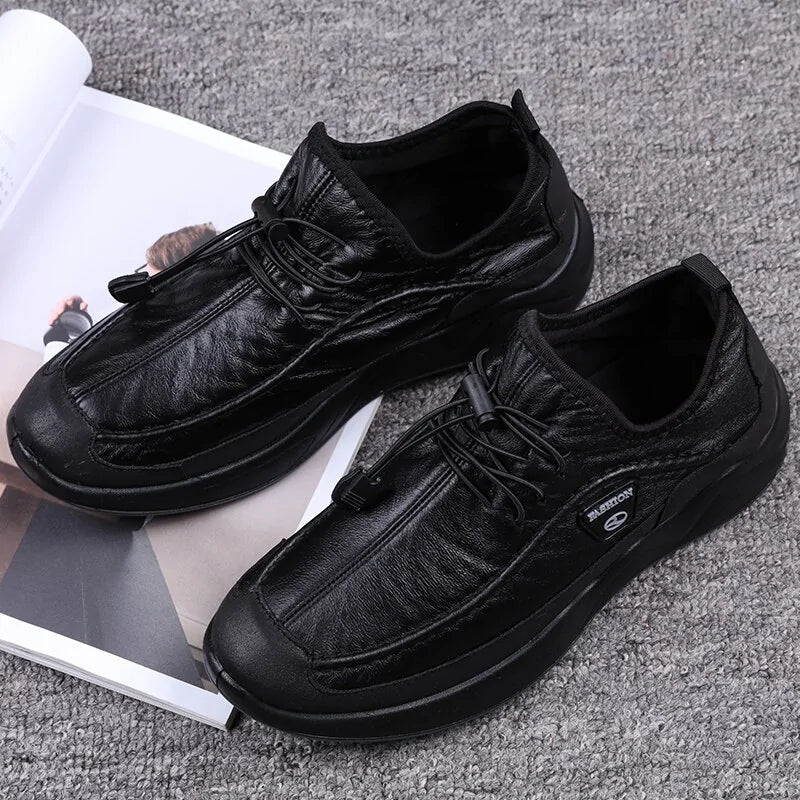 Black Lace-Up Breathable Leather Shoes