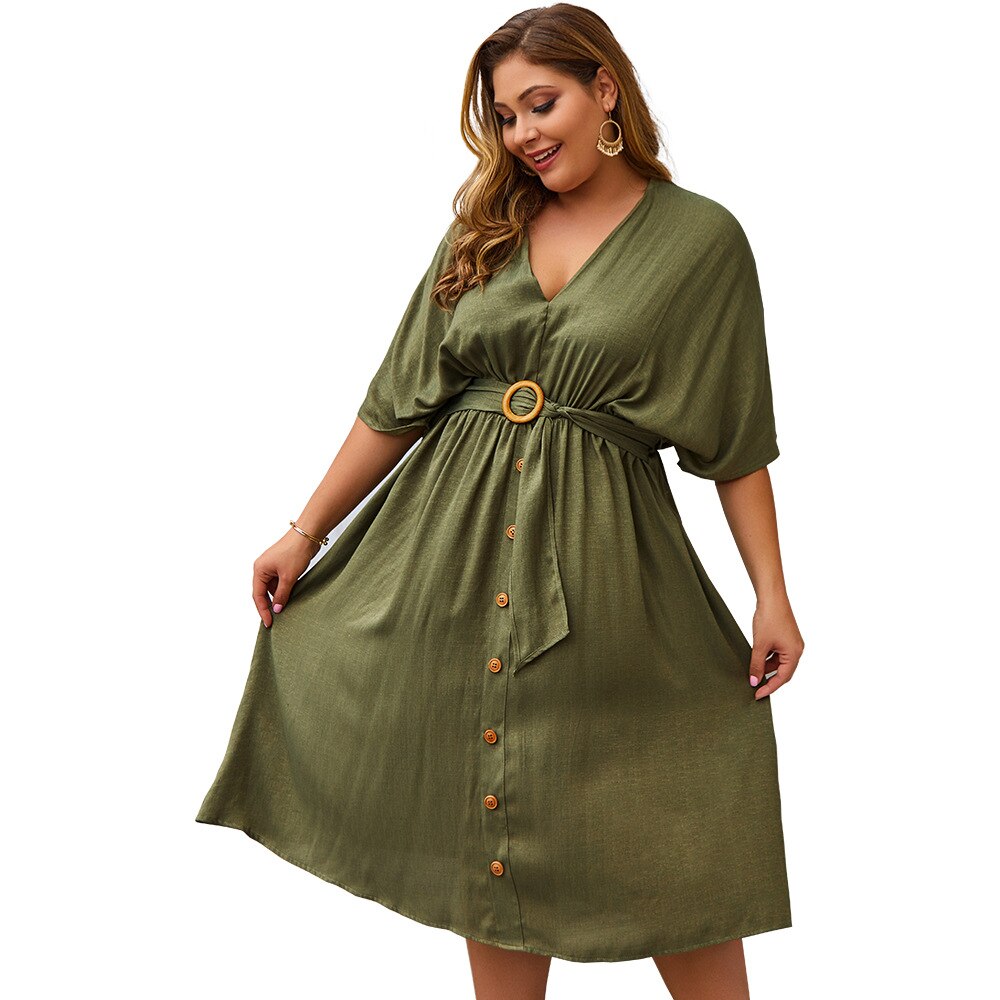 Vestido Plus Size Manga Comprida Decote V