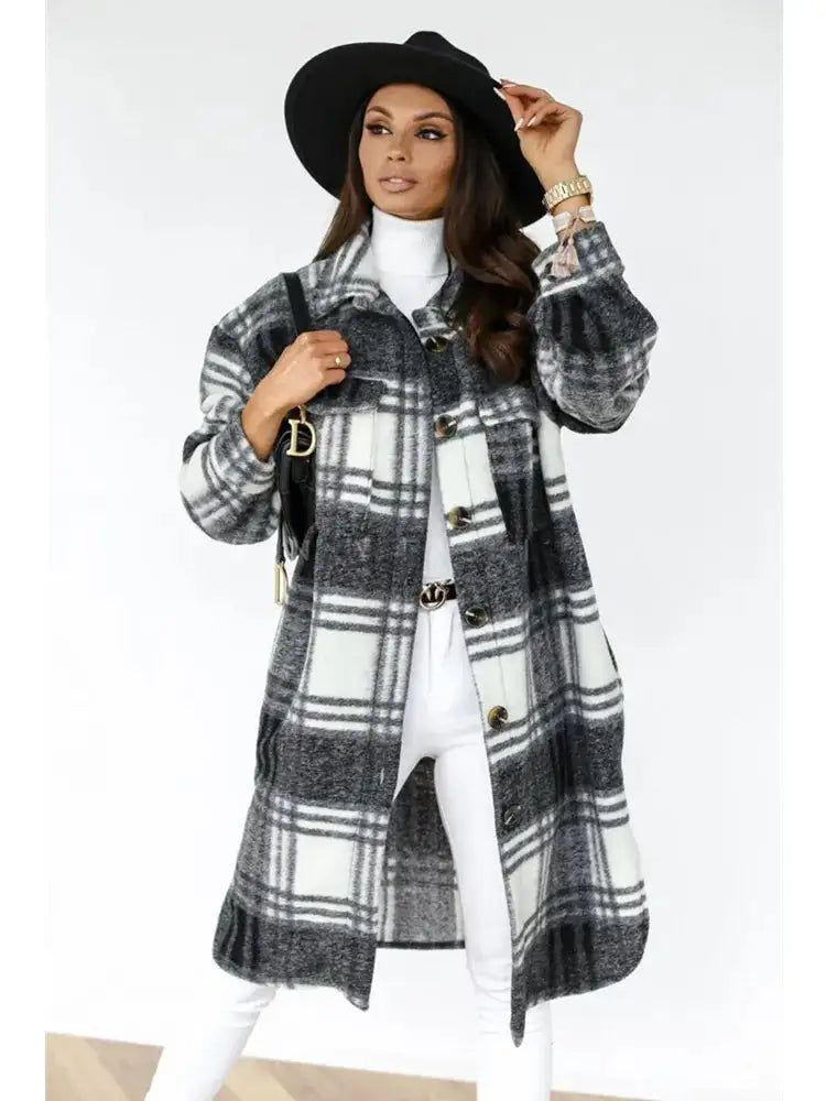 Women's Plaid Printed Long Overcoat Jacket