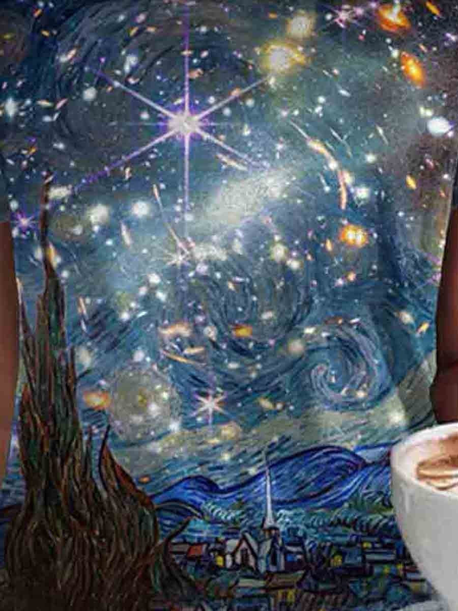 T-shirt décontracté à imprimé artistique de nuit étoilée