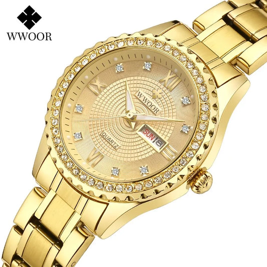 Montre à quartz dorée tendance pour femme WWOOR Diamond