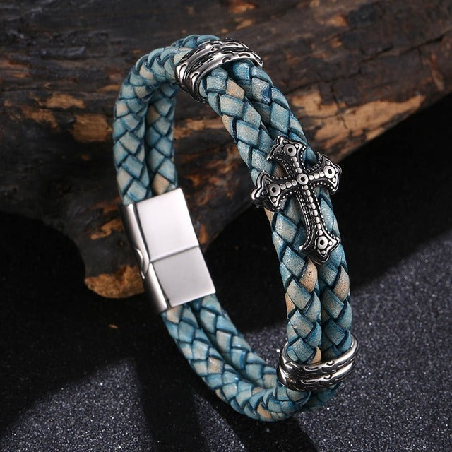 Bracelet de luxe en cuir et acier inoxydable avec motif croisé multicolore