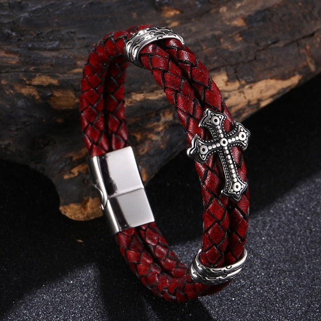 Bracelet de luxe en cuir et acier inoxydable avec motif croisé multicolore