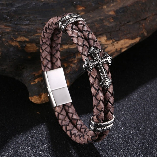 Bracelet de luxe en cuir et acier inoxydable avec motif croisé multicolore