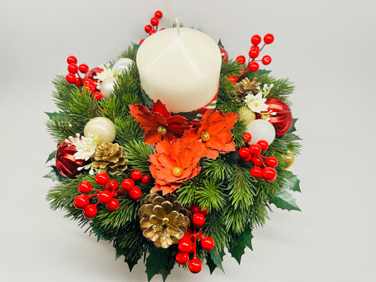 Christmas Centerpiece with Candle and Festive Decorations