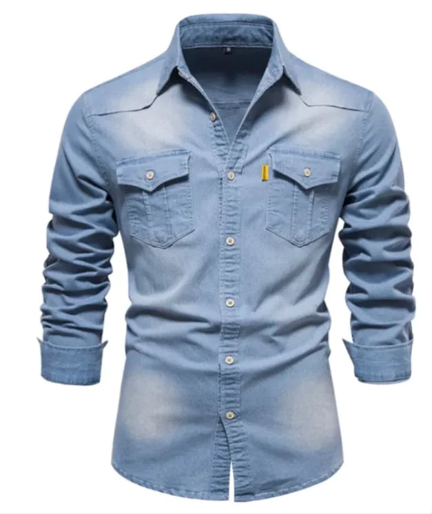 Chemise à manches longues décontractée en denim pour hommes, couleur unie