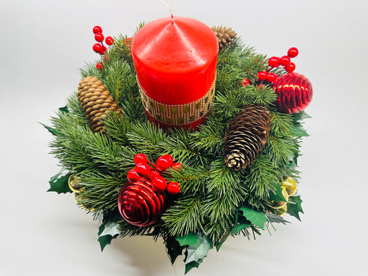 Festive Centerpiece with Red Candle and Pine Cones