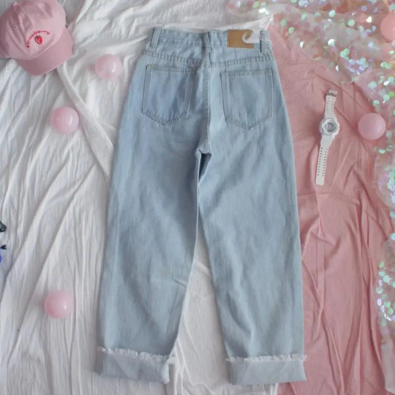 Heart Embroidery Denim Pants