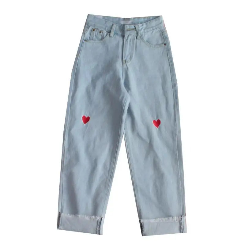 Heart Embroidery Denim Pants