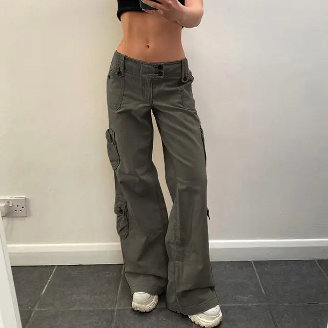 Button Low Waist Women's Cargo and Denim Pants