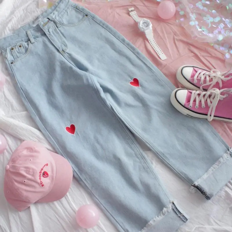 Heart Embroidery Denim Pants