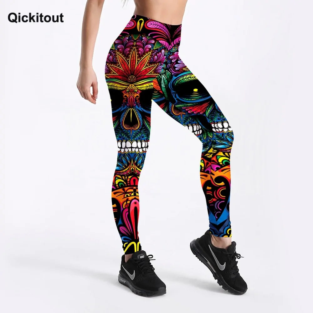 Quickitout Legging d'entraînement slim imprimé tête de mort et feuilles colorées pour femme