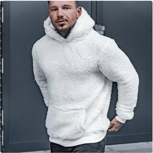 Sweat à capuche en peluche à manches longues pour hommes de couleur unie à la mode