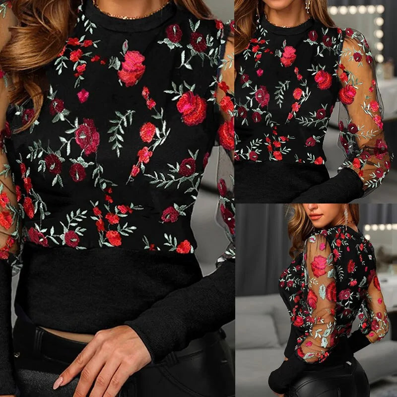 Femmes Patchwork maille brodé Floral à manches longues Blouse hauts dames mince col rond pull chemise été printemps Blusas