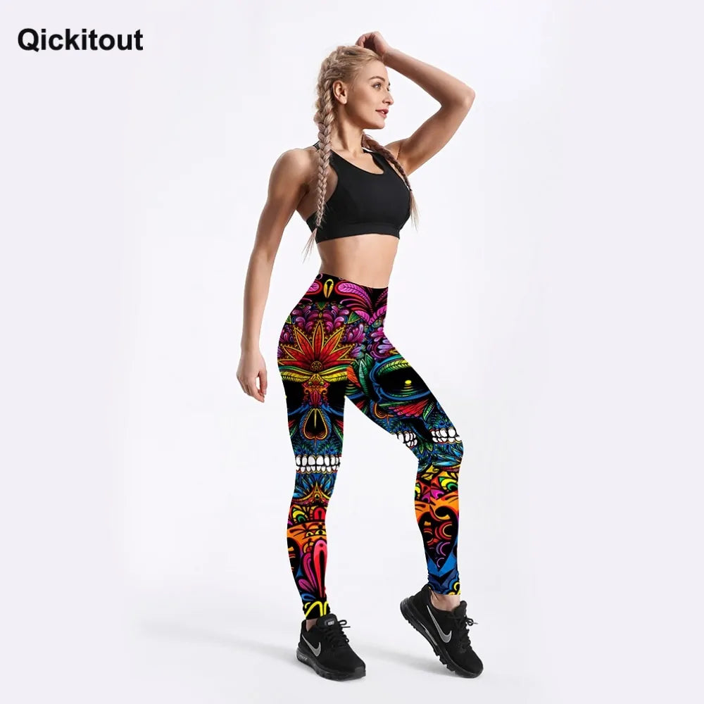 Quickitout Legging d'entraînement slim imprimé tête de mort et feuilles colorées pour femme