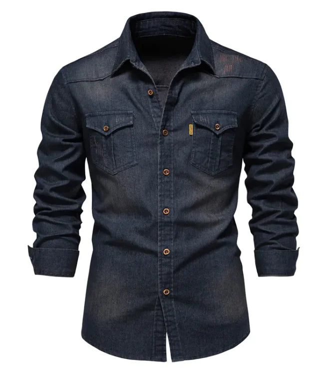 Chemise à manches longues décontractée en denim pour hommes, couleur unie