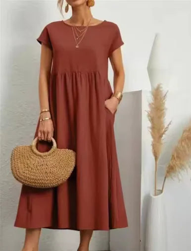 Robe à poches en coton et lin sans manches de couleur unie