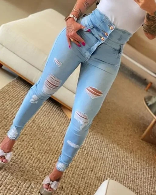 Jeans rasgado de cintura alta feminino