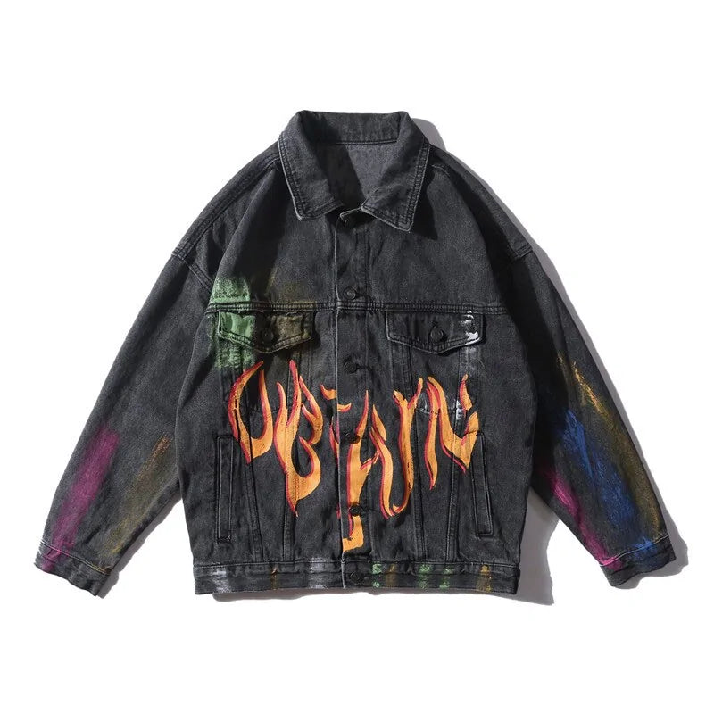 Veste en jean à imprimé graffiti arc-en-ciel et flammes de feu