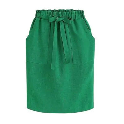 Saia feminina de algodão com elástico na cintura - estilo lápis midi de verão/outono para escritório (verde)