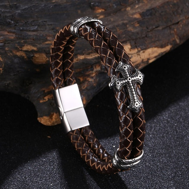 Bracelet de luxe en cuir et acier inoxydable avec motif croisé multicolore