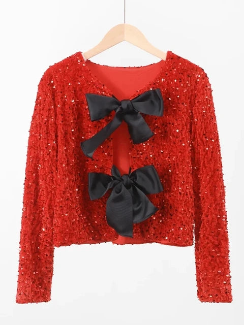 Chic Short Sequin Jacket With Bow