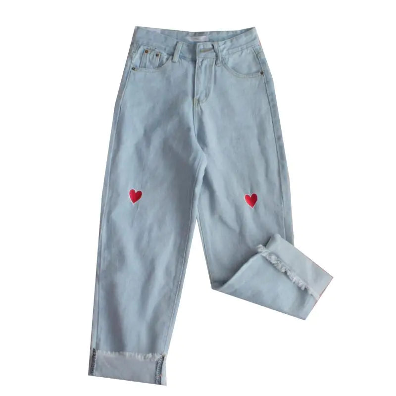 Heart Embroidery Denim Pants