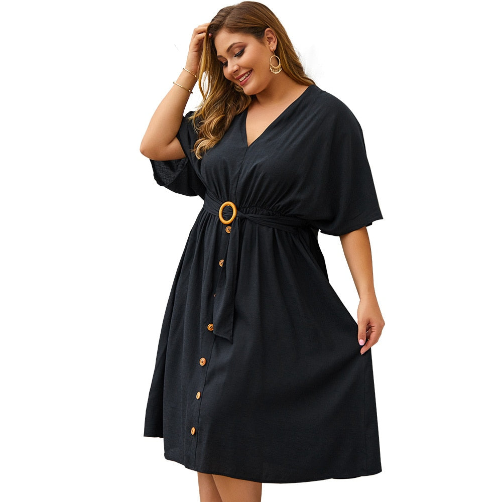 Vestido Plus Size Manga Comprida Decote V