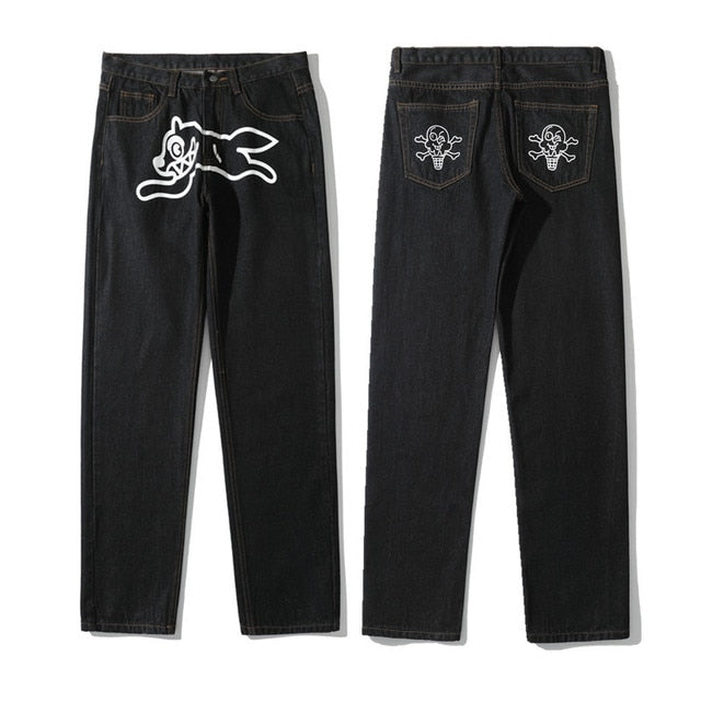 Dog Print Black Streetwear Jeans