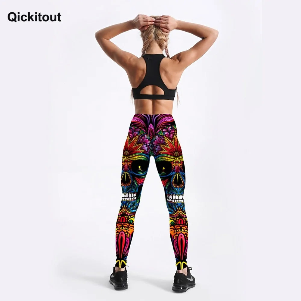 Quickitout Legging d'entraînement slim imprimé tête de mort et feuilles colorées pour femme