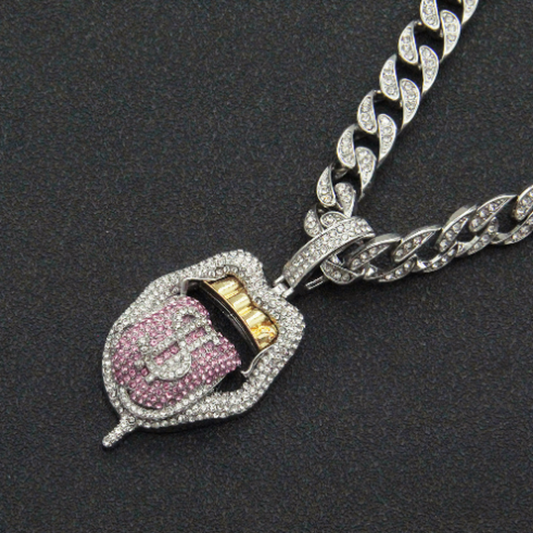 en forme de langue dollar chaîne avec cubaine en cristal Pendentif rose