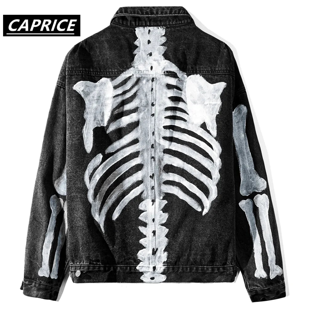 Graffiti Skeleton Bones Print Denim Jacket