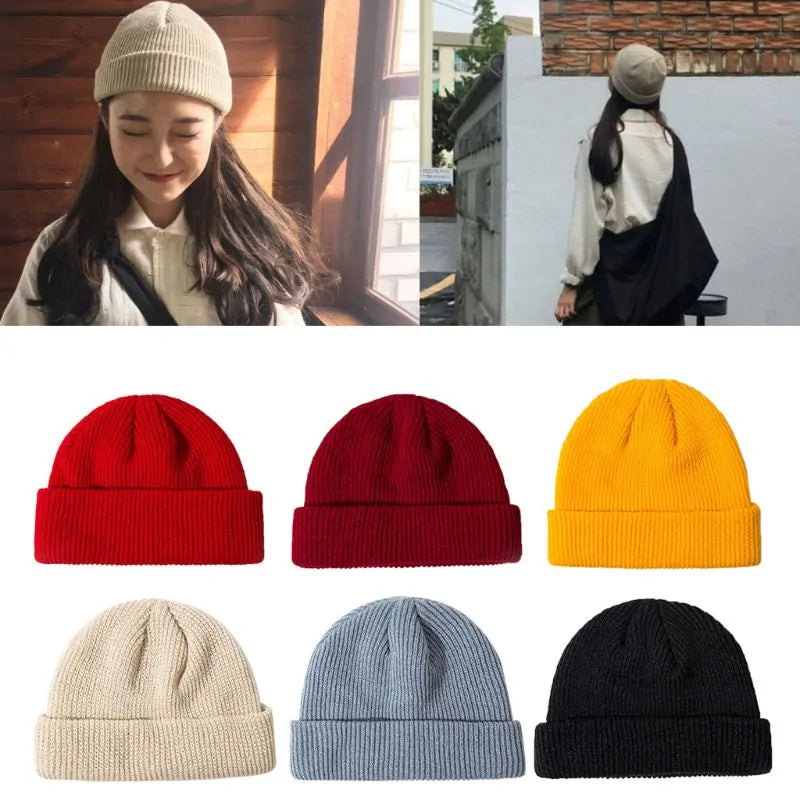 Unisex Winter Ribbed Knitted Cuffed Short Melon Cap