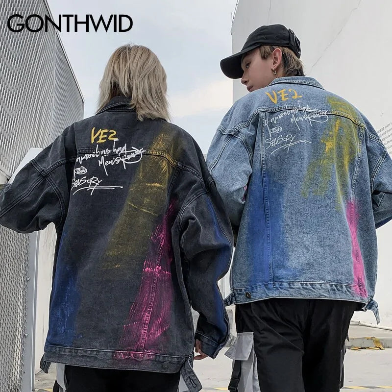 Veste en jean à imprimé graffiti arc-en-ciel et flammes de feu