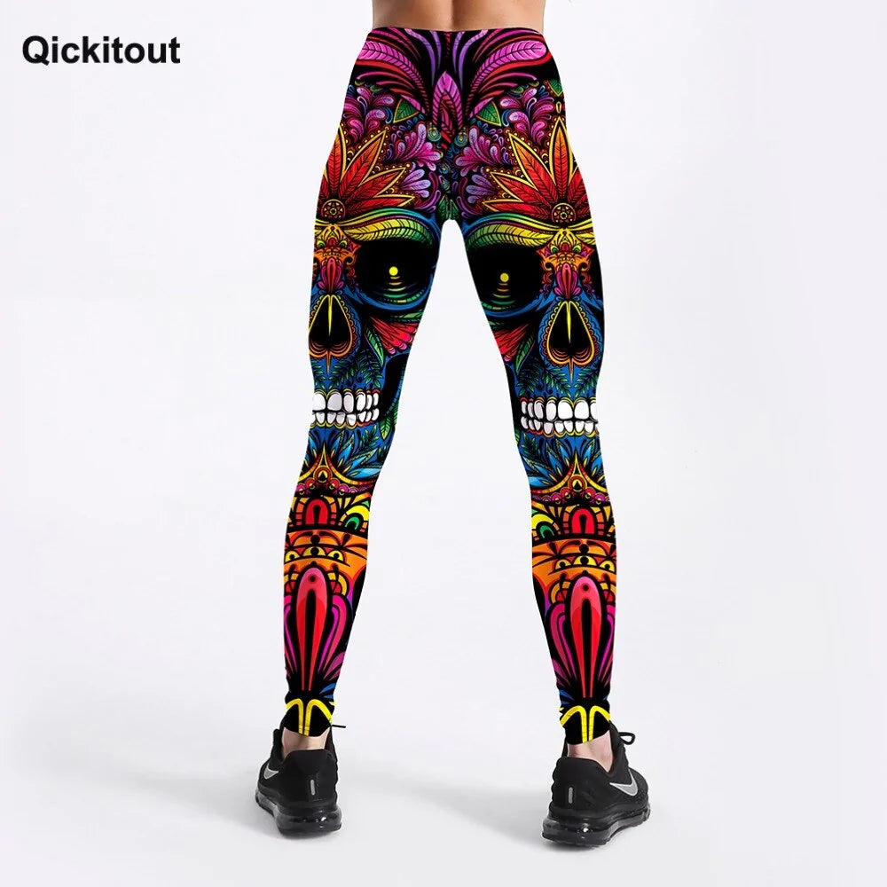 Quickitout Legging d'entraînement slim imprimé tête de mort et feuilles colorées pour femme