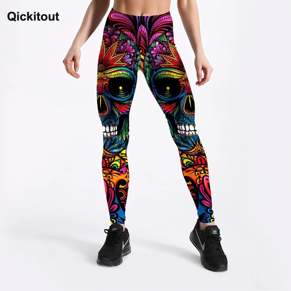 Quickitout Legging d'entraînement slim imprimé tête de mort et feuilles colorées pour femme