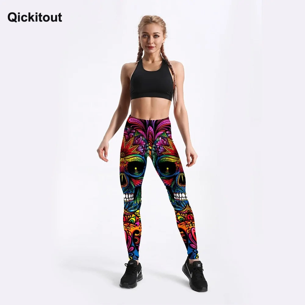 Quickitout Legging d'entraînement slim imprimé tête de mort et feuilles colorées pour femme