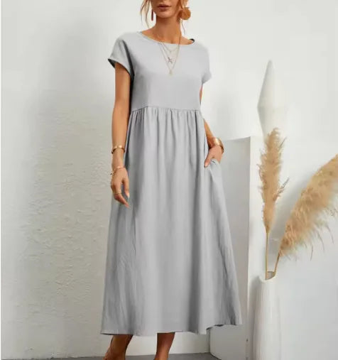 Robe à poches en coton et lin sans manches de couleur unie