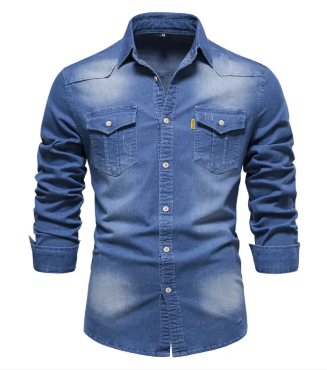 Chemise à manches longues décontractée en denim pour hommes, couleur unie