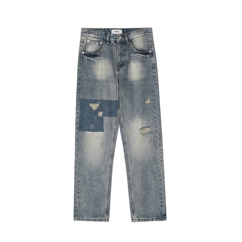 Jeans masculino rasgado retrô solto