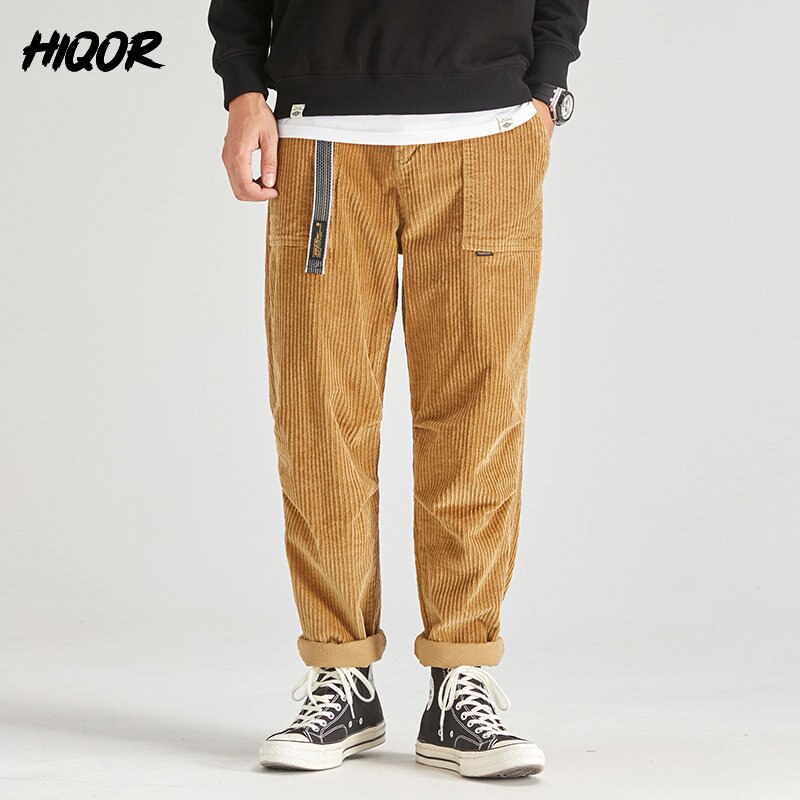 Calça cargo masculina de veludo cotelê solta